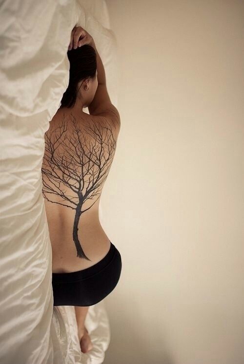 Black Tree Without Leaves Tattoo On Women Full Back