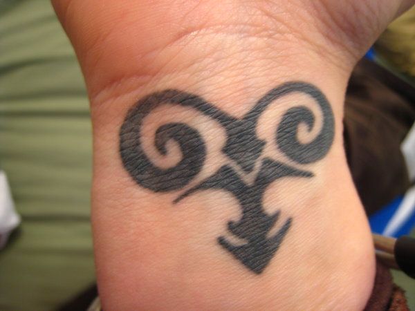 Black Tribal Aries Symbol Tattoo On Right Wrist