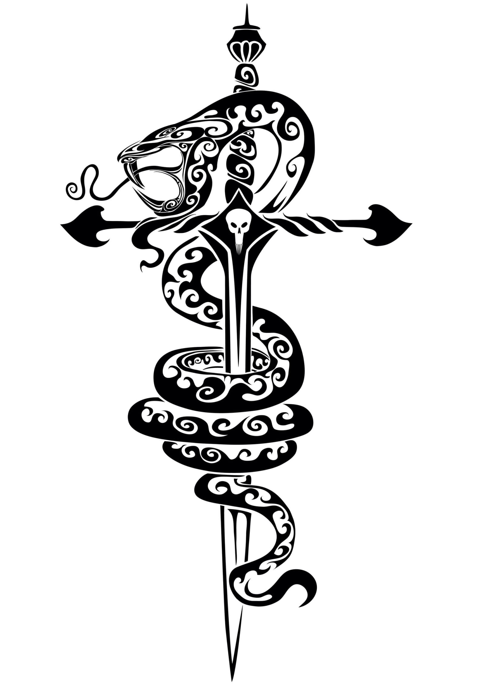 Black Tribal Dagger With Snake Tattoo Stencil