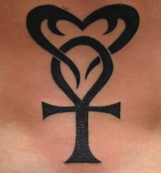 Black Tribal Heart With Ankh Tattoo Design