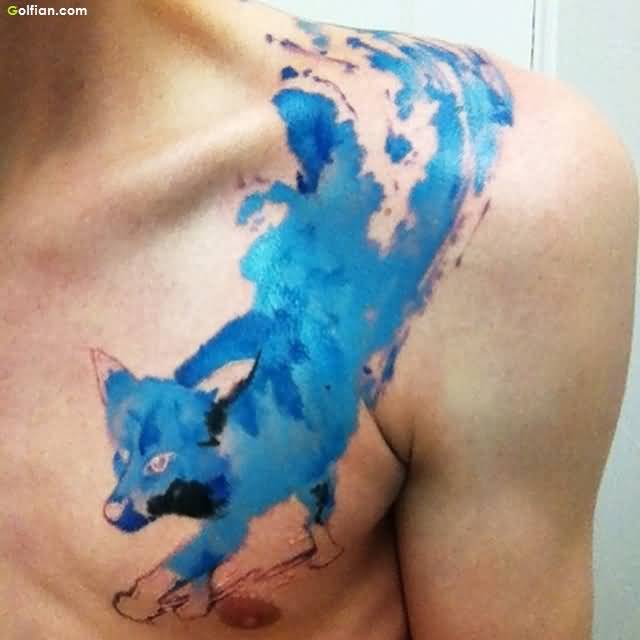 Blue Ink Aqua Fox Tattoo On Man Left Front Shoulder