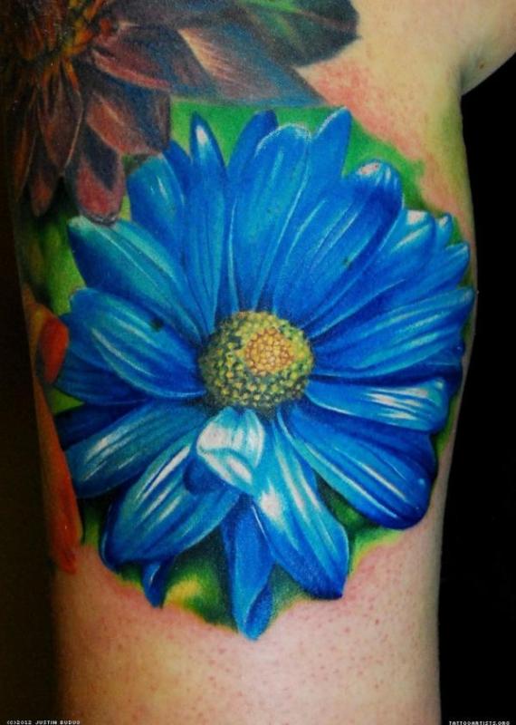 Blue Ink Daisy Flower Tattoo On Right Half Sleeve