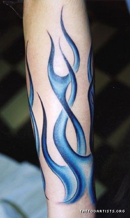 Blue Ink Fire And Flame Tattoo Design For Sleeve