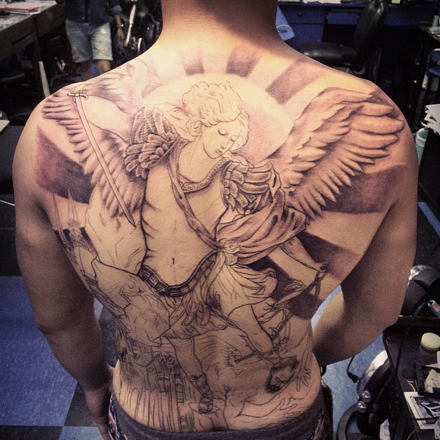 Classic Black And Grey Angel Tattoo On Man Full Back