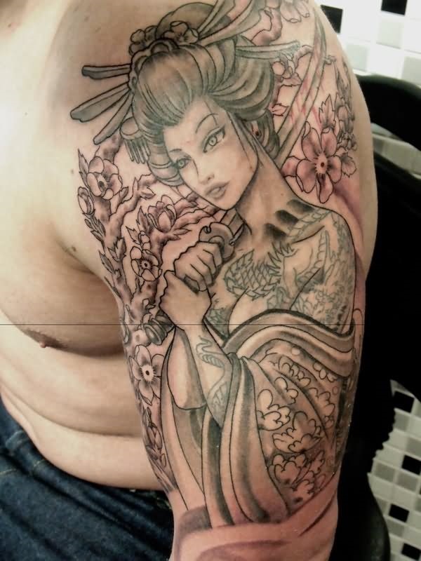 Classic Black And Grey Asian Girl Tattoo On Man Left Half Sleeve