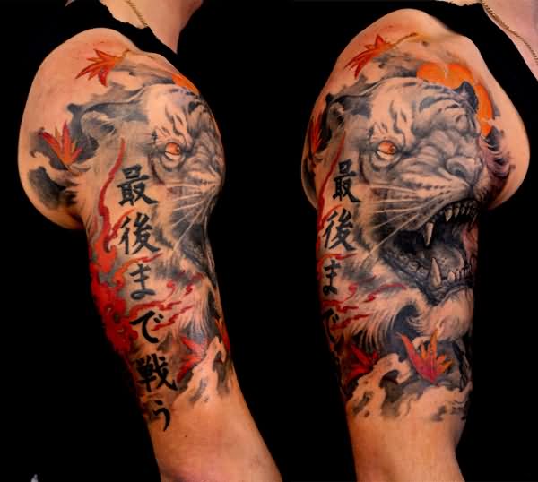 Classic Black And Grey Asian Tiger Head Tattoo On Right Shoulder