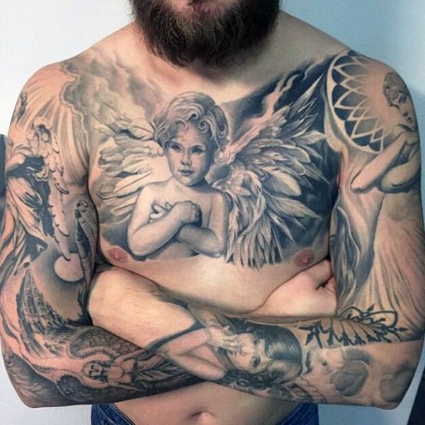 Classic Black And Grey Baby Angel Tattoo On Man Chest
