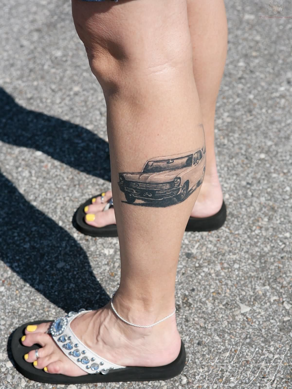 Classic Black And Grey Camaro Car Tattoo On Girl Left Leg Calf