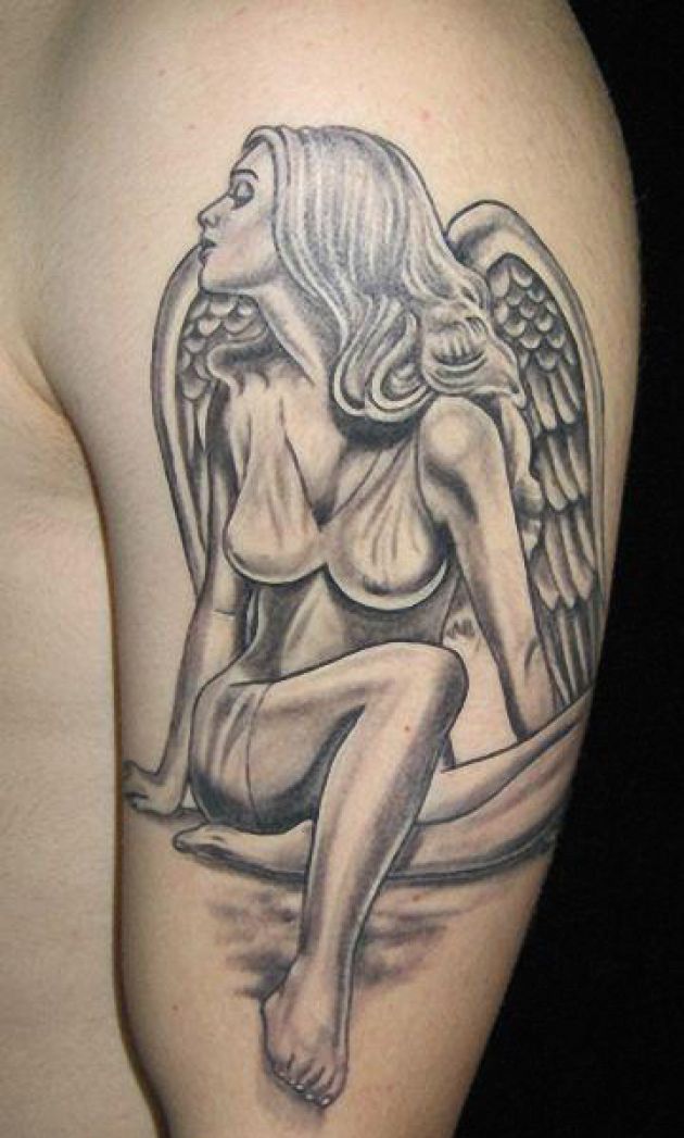 Classic Black Ink Angel Tattoo On Left Half Sleeve