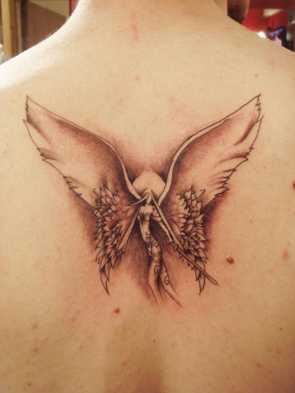 Classic Black Ink Angel Tattoo On Man Upper Back