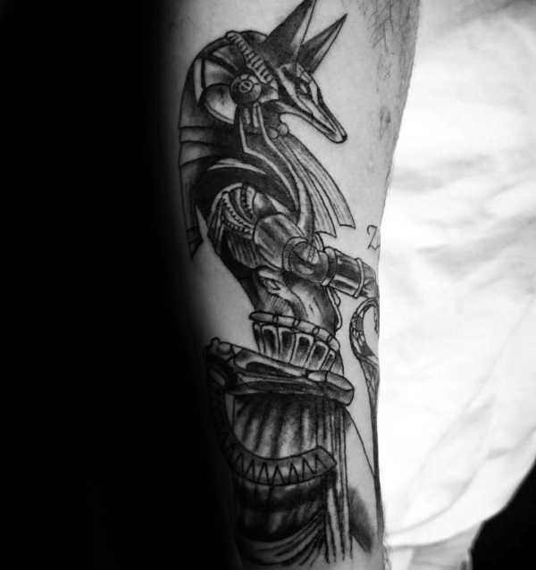 Classic Black Ink Anubis Tattoo On Right Half Sleeve