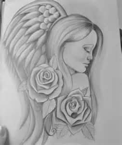 Classic Grey Ink Angel With Roses Tattoo Design