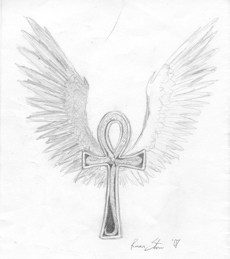 Classic Grey Ink Ankh With Wings Tattoo Design
