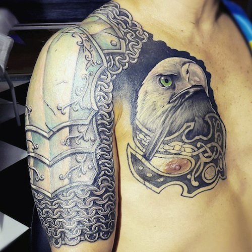 Classic Grey Ink Armor Tattoo On Man Right Half Sleeve And Chest