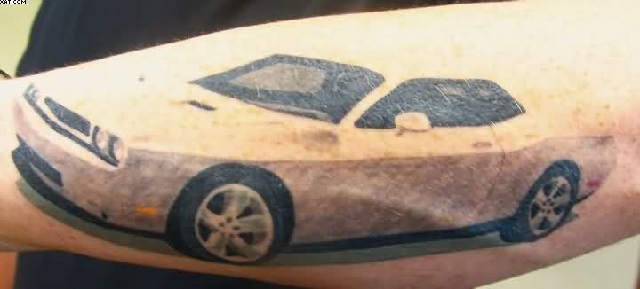 Classic Grey Ink Camaro Car Tattoo On Left Arm