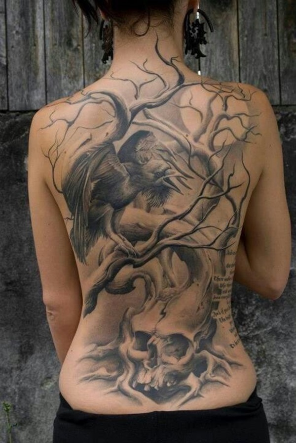 Classic Grey Ink Crow On Tree Without Leaves And Skull Tattoo On Women Full Back