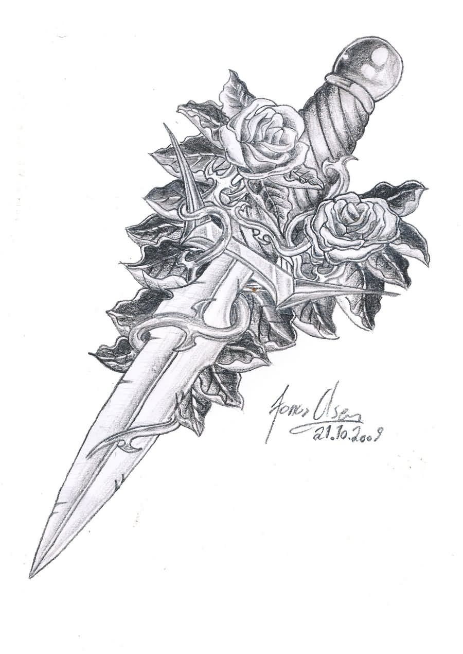 Classic Grey Ink Dagger With Roses Tattoo Design