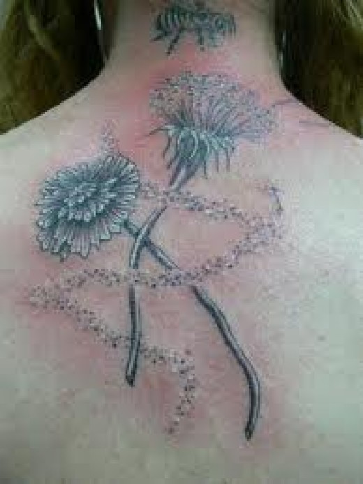 Classic Grey Ink Dandelion Tattoo On Upper Back