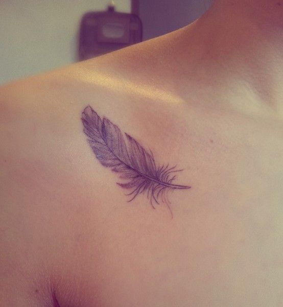 Classic Grey Ink Feather Tattoo On Right Front Shoulder