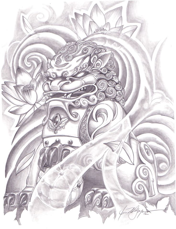 Classic Grey Ink Foo Dog With Lotus Flowers Tattoo Design