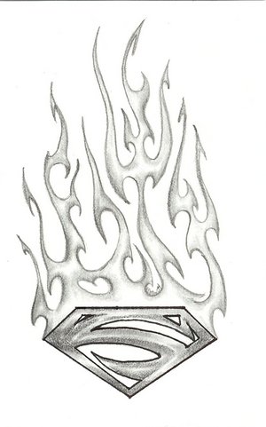 Classic Grey Ink Superman Logo In Fire And Flame Tattoo Design