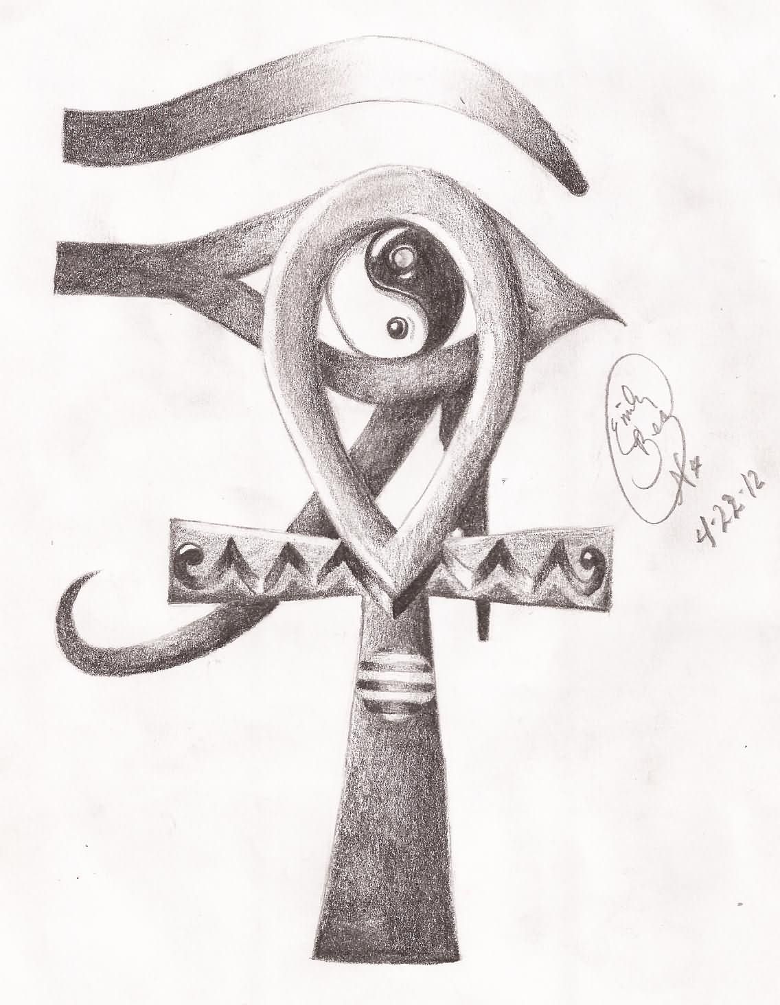 Classic Grey Ink Yin Yang And Horus Eye With Ankh Tattoo Design
