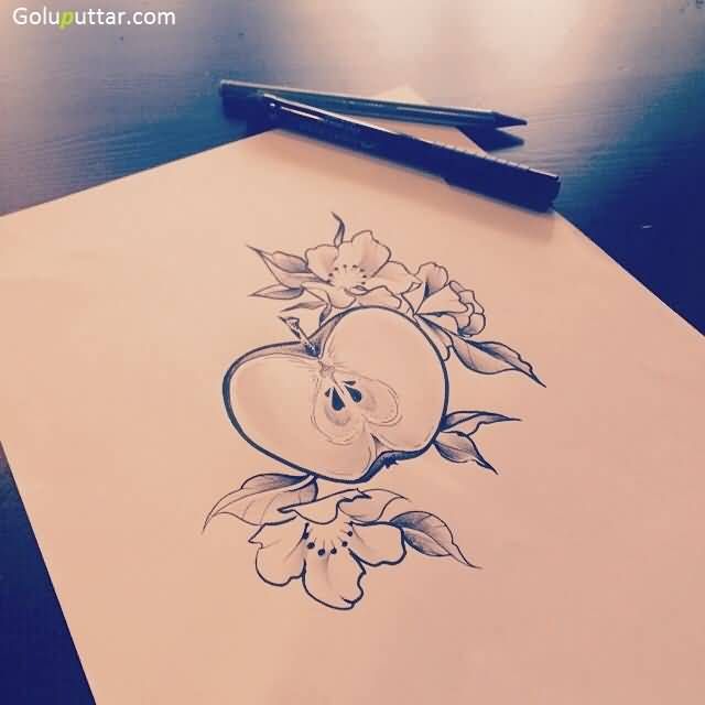 Classic Half Apple With Flowers Tattoo Design