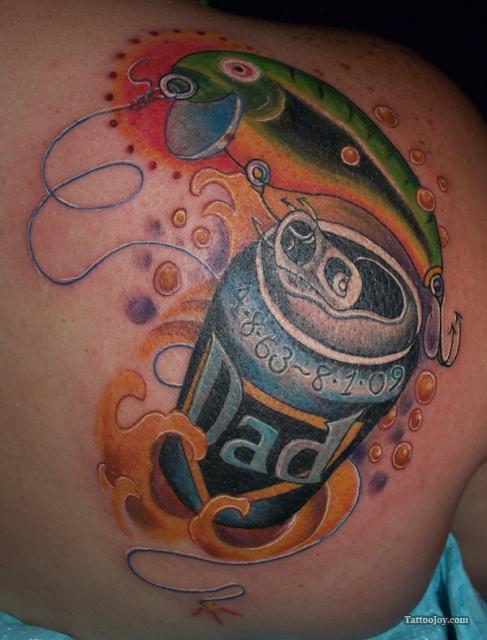 Cold Drink Cane With Fish Tattoo On Right Back Shoulder