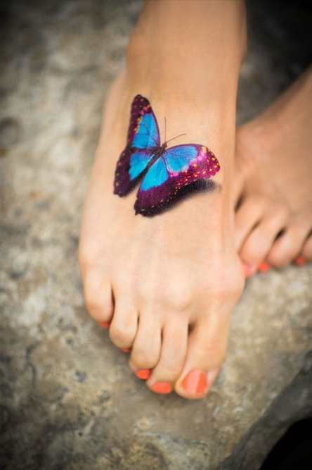 Colorful 3D Butterfly Tattoo On Girl Right Foot
