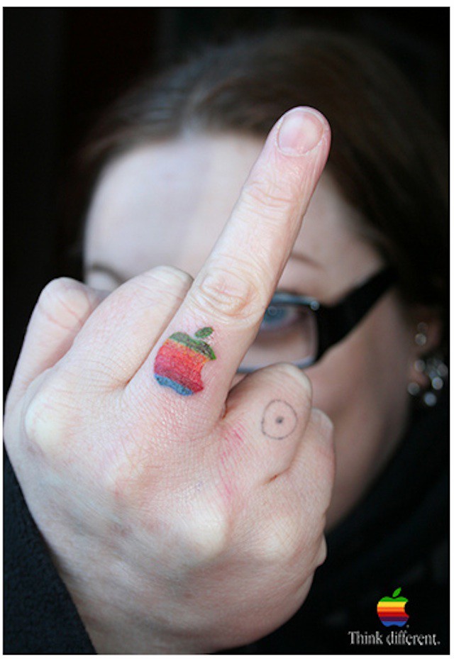 Colorful Apple Logo Tattoo On Right Hand Finger