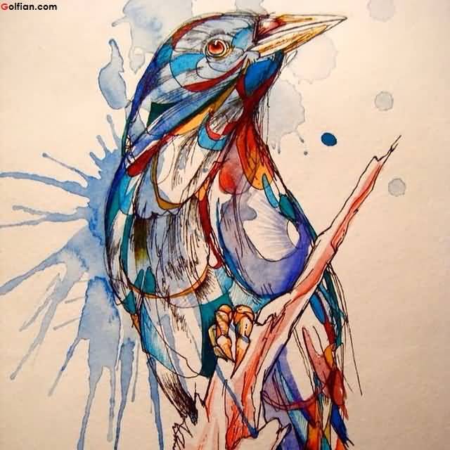 Colorful Aqua Bird On Branch Tattoo Design