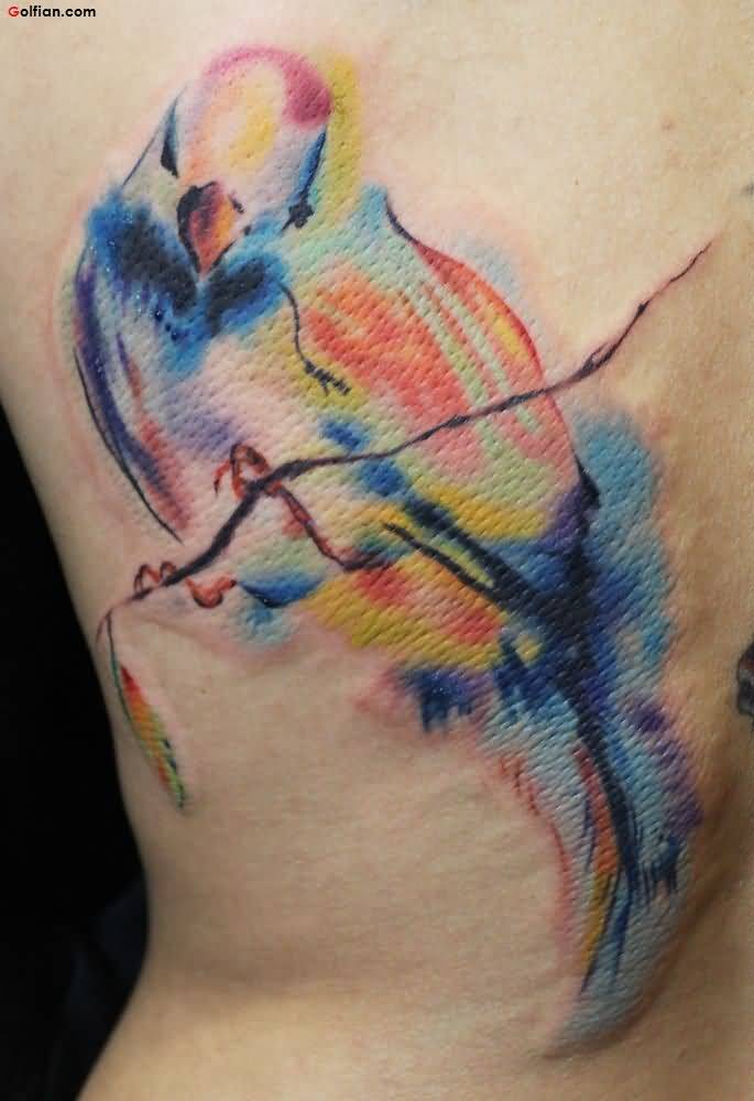 Colorful Aqua Bird On Branch Tattoo On Side Rib