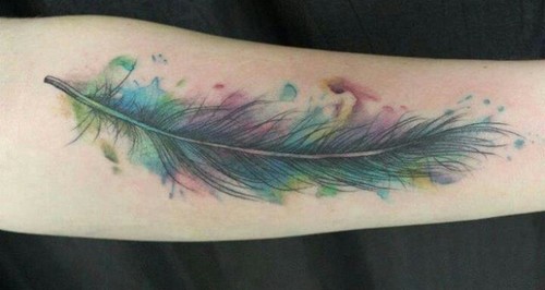 Colorful Aqua Feather Tattoo On Forearm