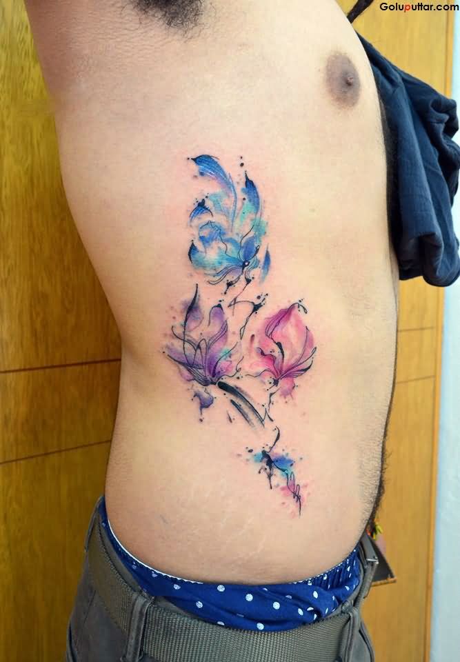 Colorful Aqua Flowers Tattoo On Man Right Side Rib