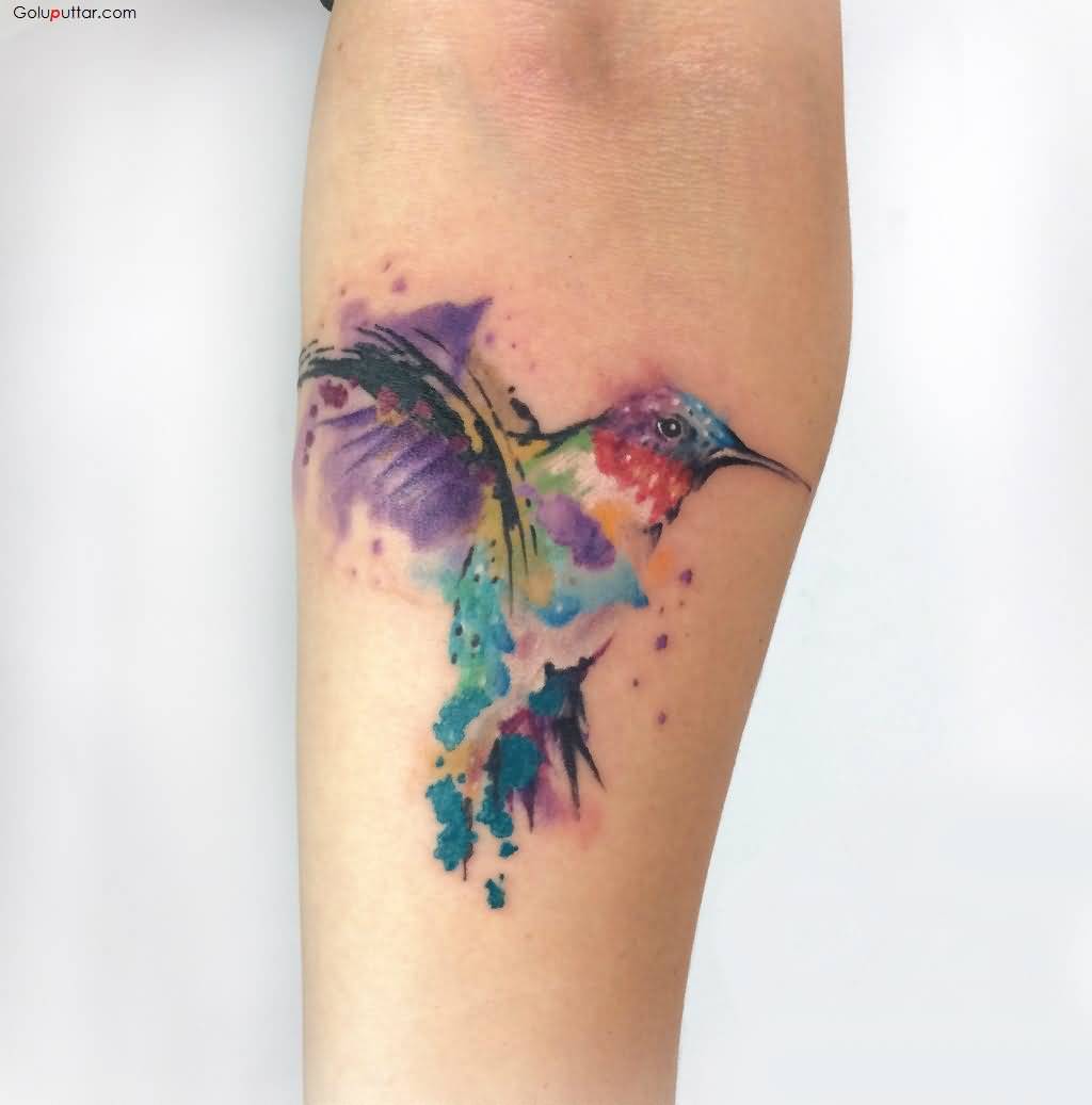 Colorful Aqua Flying Bird Tattoo On Right Forearm