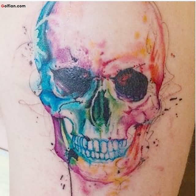 Colorful Aqua Skull Tattoo On Left Shoulder