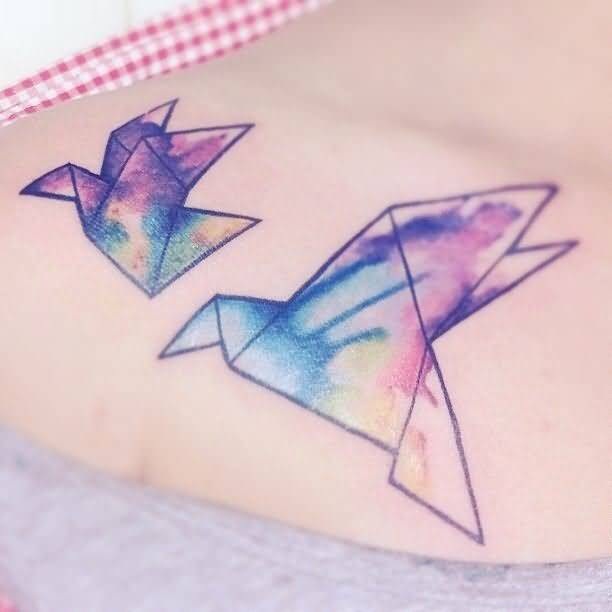 Colorful Aqua Two Paper Bird Tattoo Design