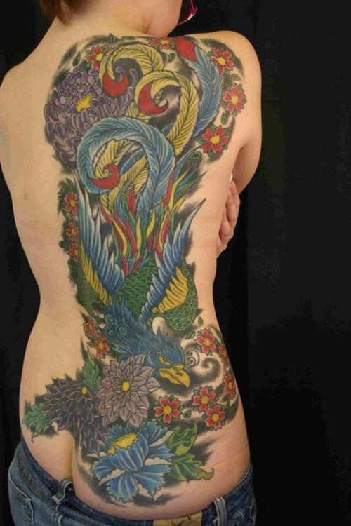 Colorful Asian Bird With Flowers Tattoo On Full Back