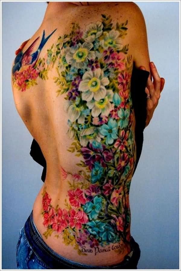 Colorful Asian Flowers Tattoo On Right Side Rib