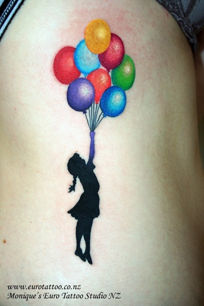 Colorful Balloons With Silhouette Girl Tattoo Design