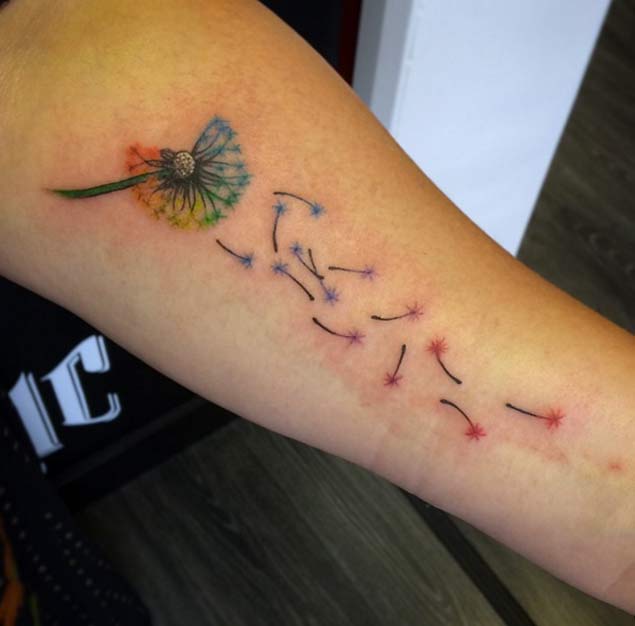 Colorful Dandelion Tattoo On Left Forearm