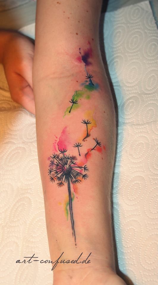 Colorful Dandelion Tattoo On Left Forearm