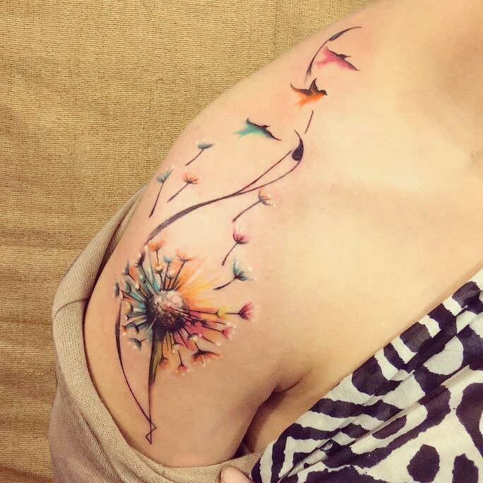 Colorful Dandelion Tattoo On Right Shoulder