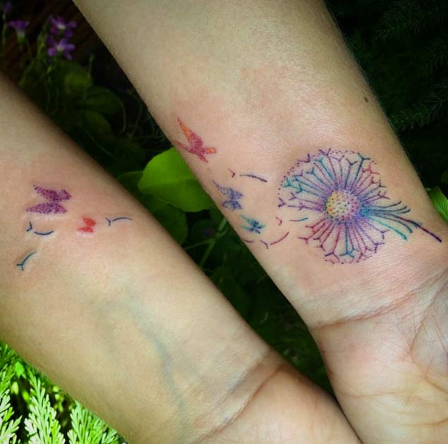 Colorful Dandelion With Flying Butterflies Tattoo On Both Wrist