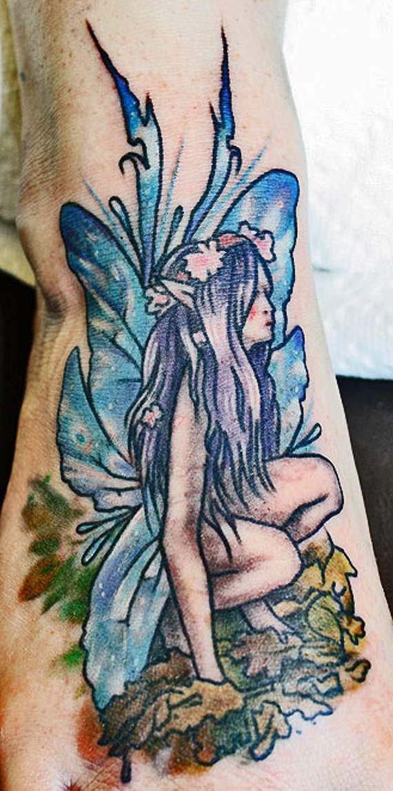 Colorful Fairy Tattoo On Right Foot