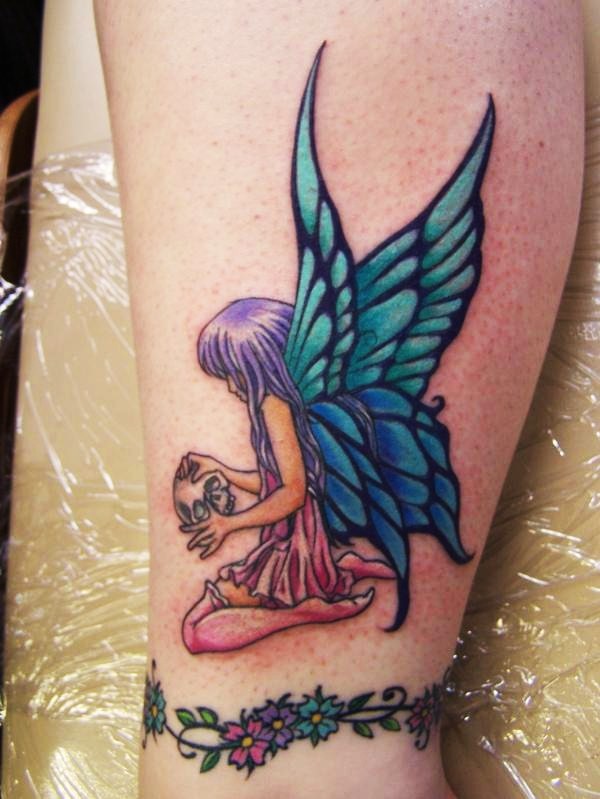 Colorful Fairy With Skull Tattoo Design For Leg