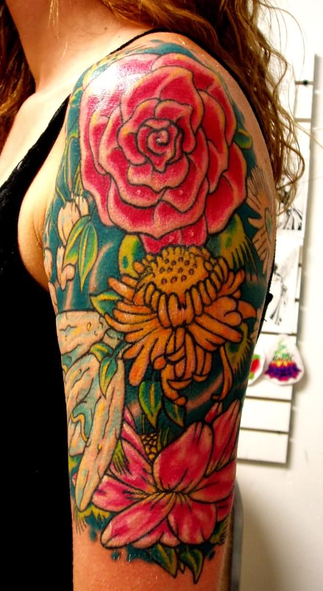 Colorful Flowers Tattoo On Left Half Sleeve