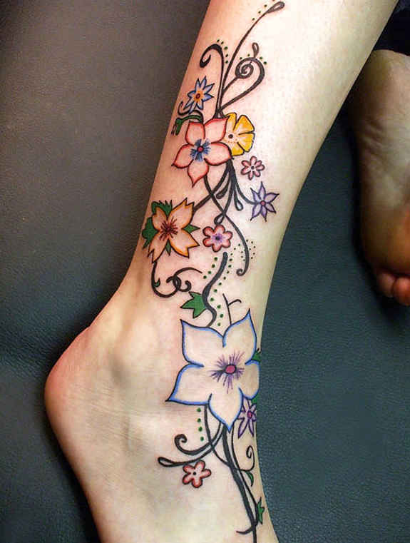 Colorful Flowers Tattoo On Right Ankle