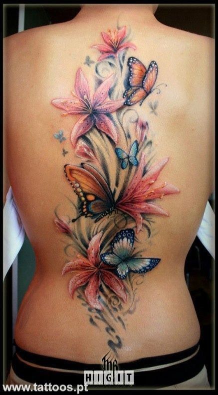Colorful Flowers With Butterfly Tattoo On Full Back