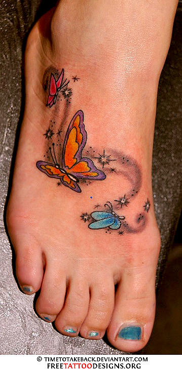 Colorful Flying Butterflies Tattoo On Women Right Foot